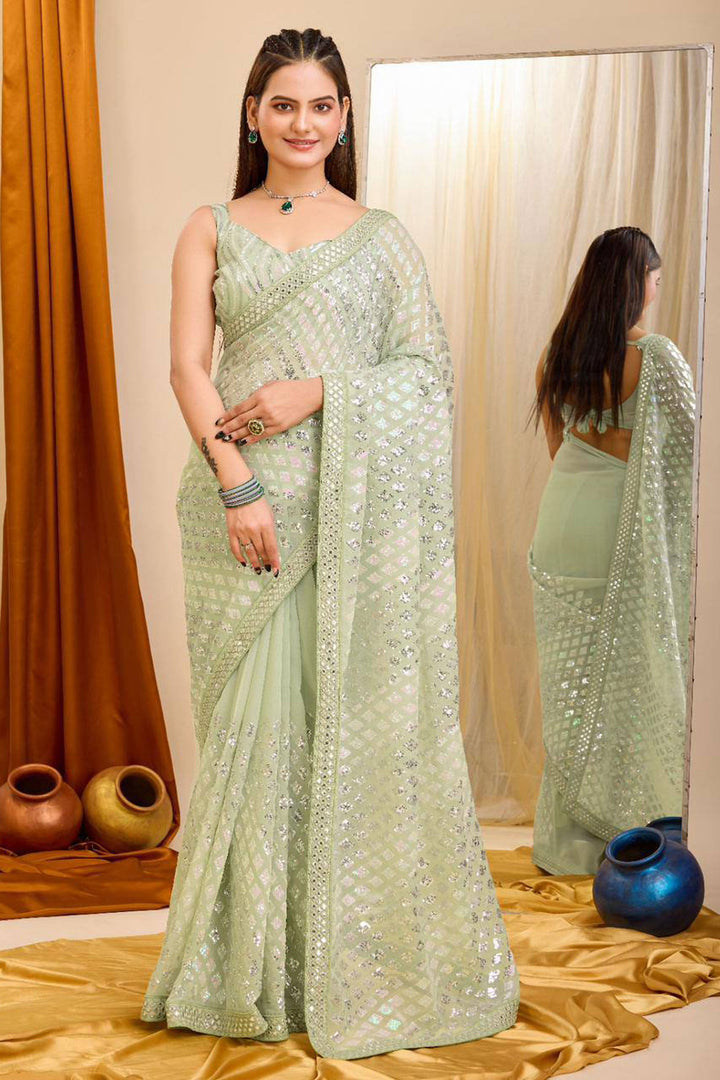 Fabulous Function Wear Sea Green Color Georgette Saree | Buy Online India