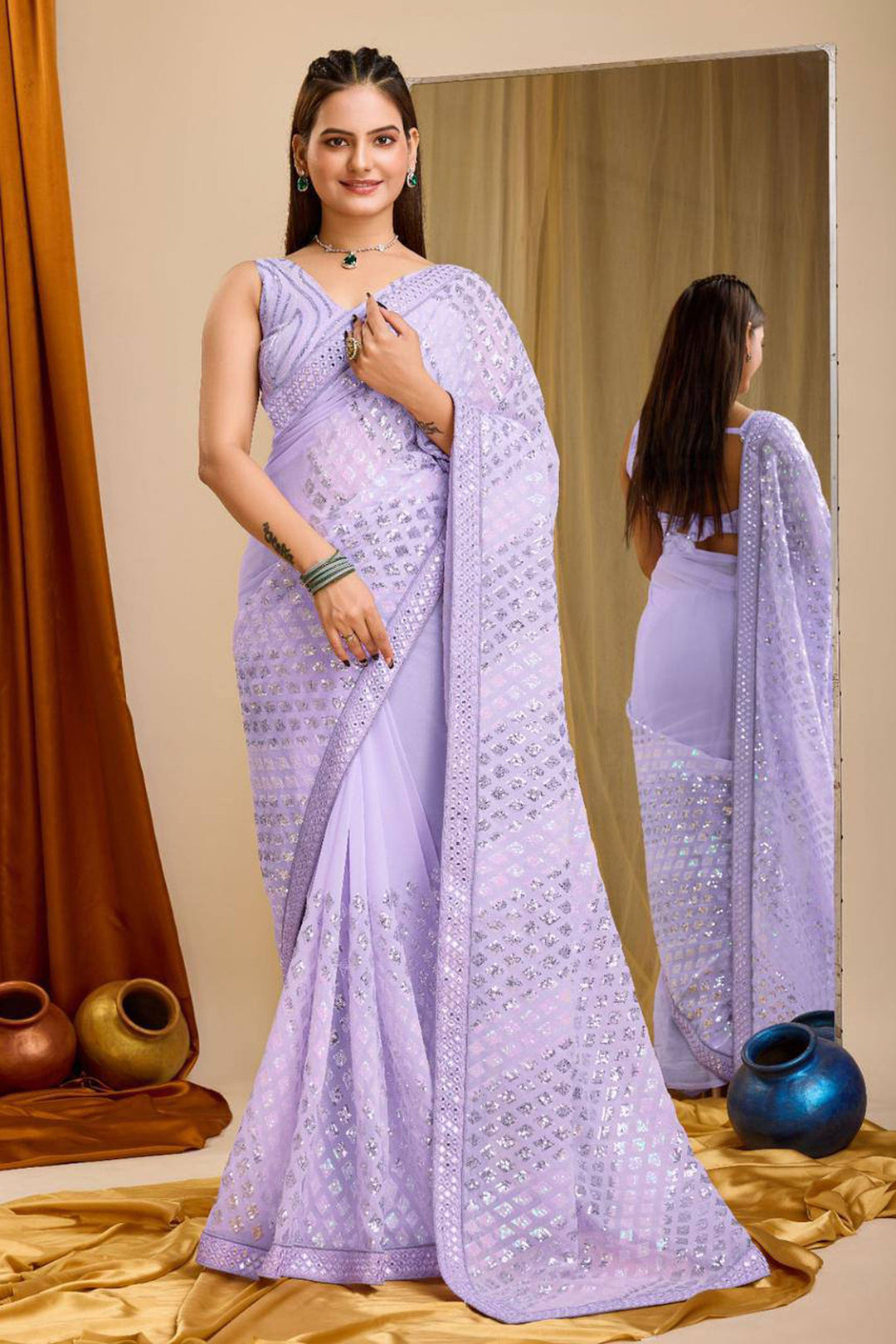 Function Wear Captivating Lavender Color Georgette Saree | Buy Online India