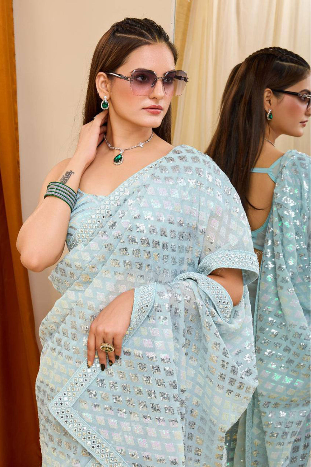 Function Wear Light Cyan Color Gorgeous Georgette Saree | Buy Online India