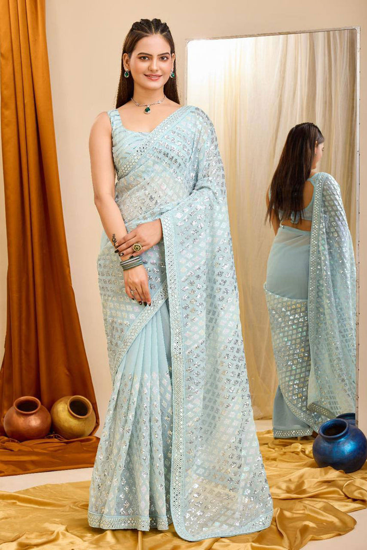 Function Wear Light Cyan Color Gorgeous Georgette Saree | Buy Online India
