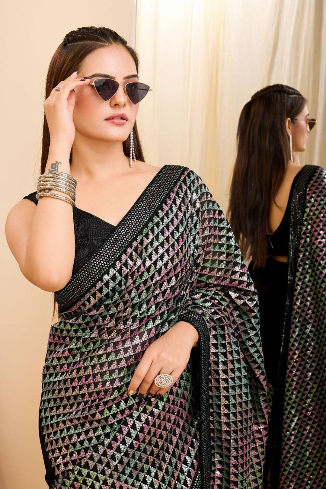 Heavy Georgette Fabric Sequins Work On Black Color Saree | Buy Online India