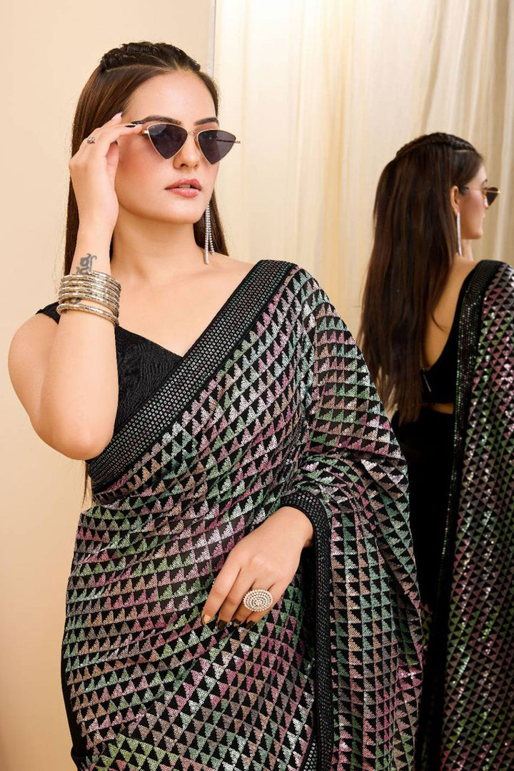 Heavy Georgette Fabric Sequins Work On Black Color Saree | Buy Online India