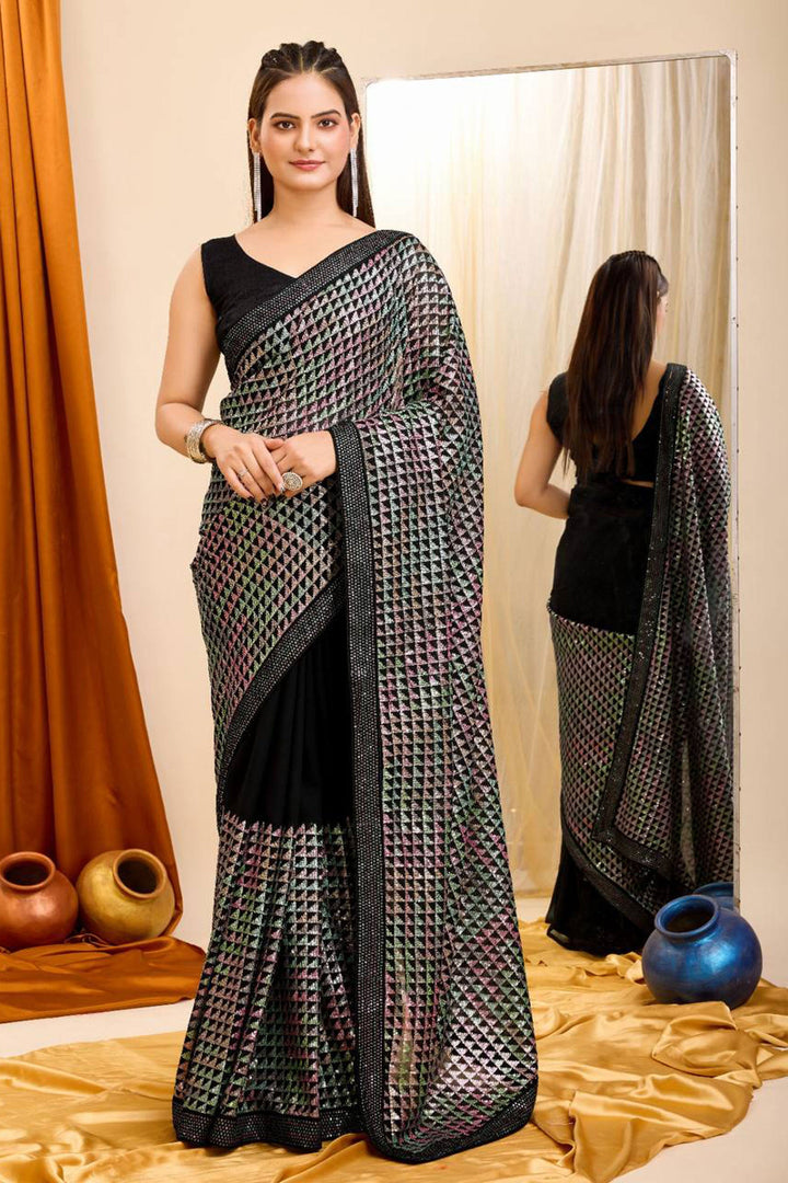 Heavy Georgette Fabric Sequins Work On Black Color Saree | Buy Online India