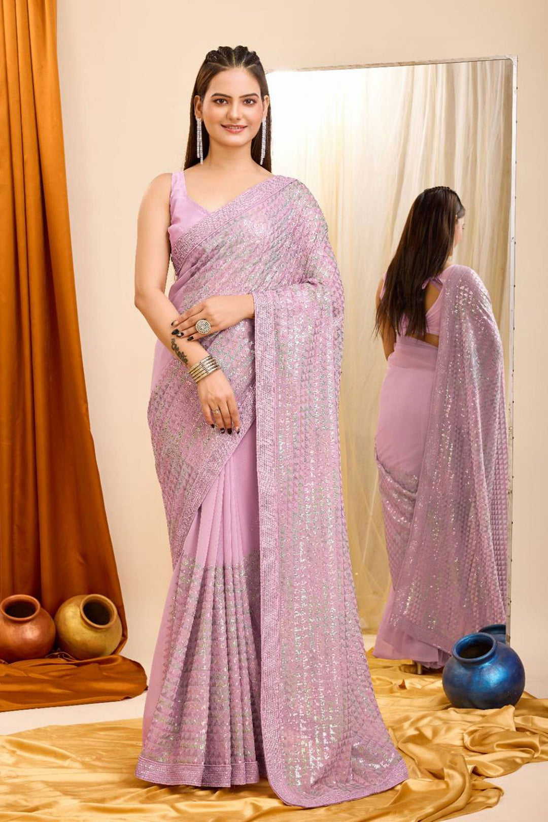Trendy Georgette Fabric Pink Color Sequins Work Saree | Buy Online India
