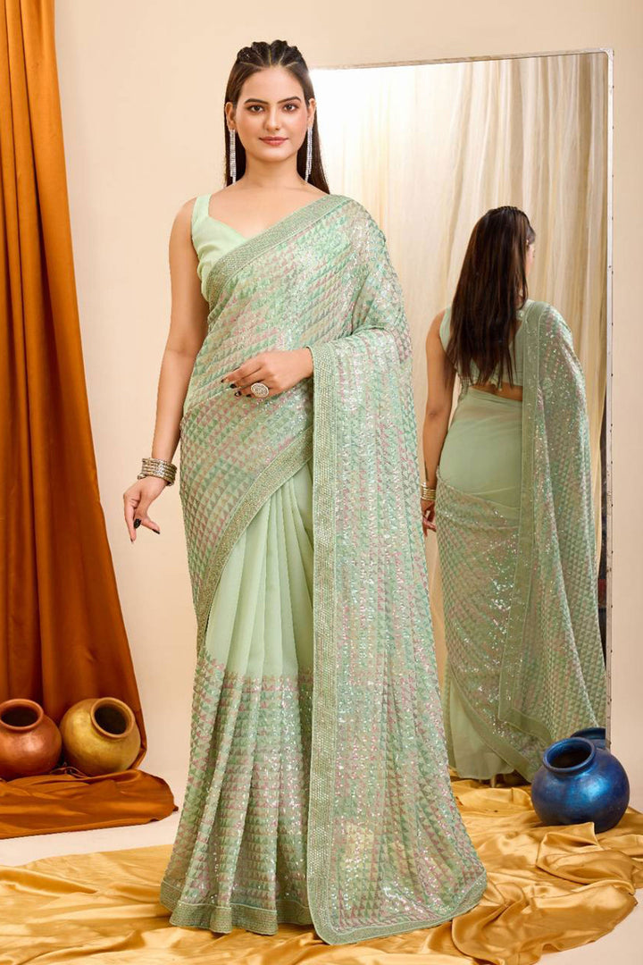 Trendy Sequins Work On Sea Green Color Saree In Georgette Fabric | Buy Online India