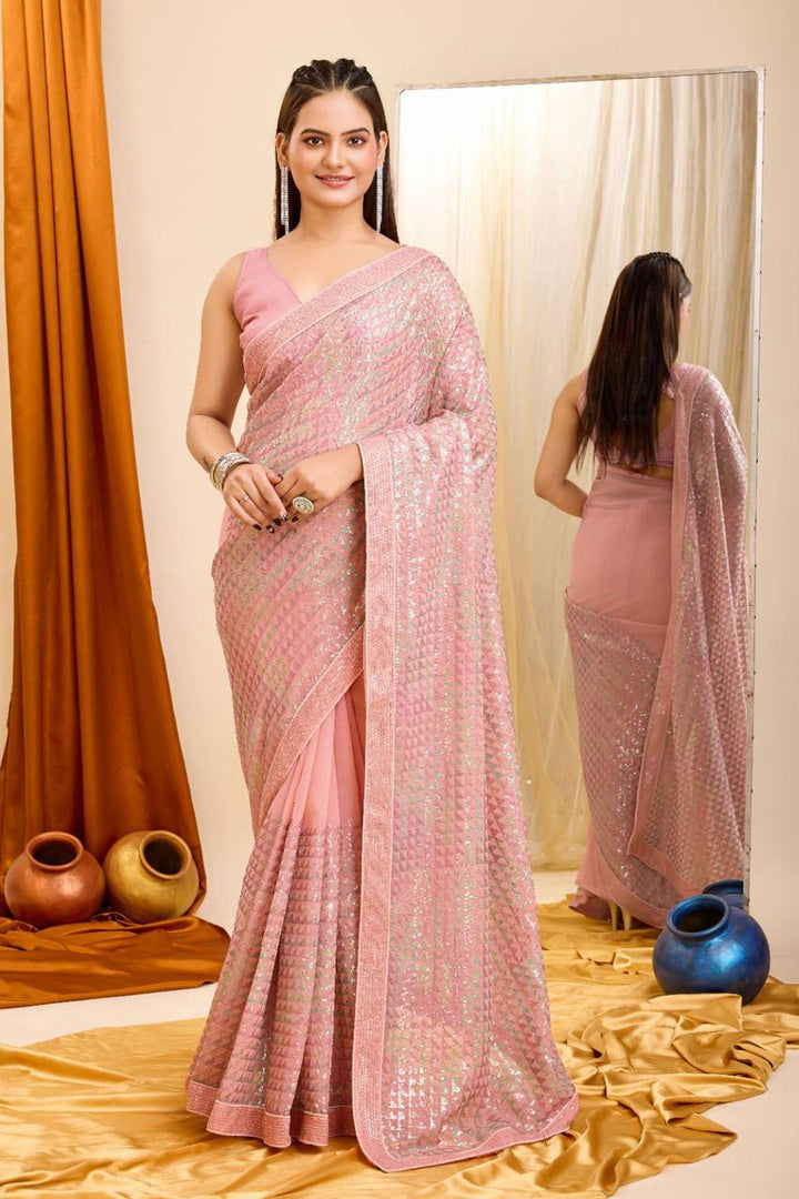 Georgette Fabric Sequins Work On Pink Color Amazing Saree | Buy Online India