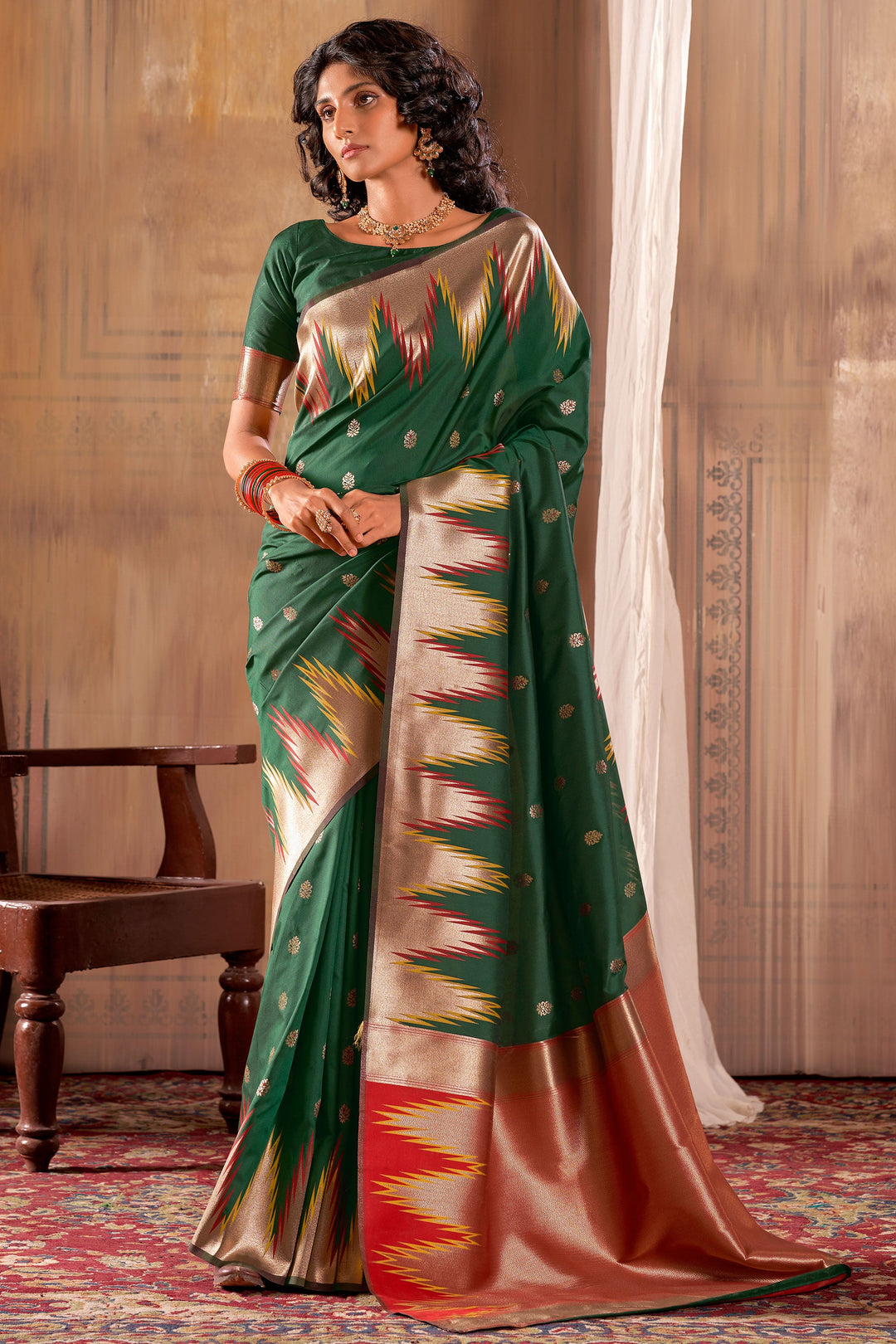 Festival Wear Banarasi Silk Fabric Green Color Trendy Saree | Buy Online India