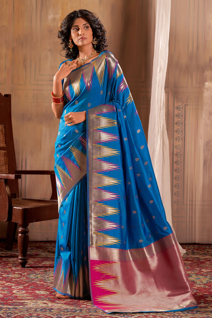 Blue Color Banarasi Silk Fabric Festival Wear Luminous Saree | Buy Online India