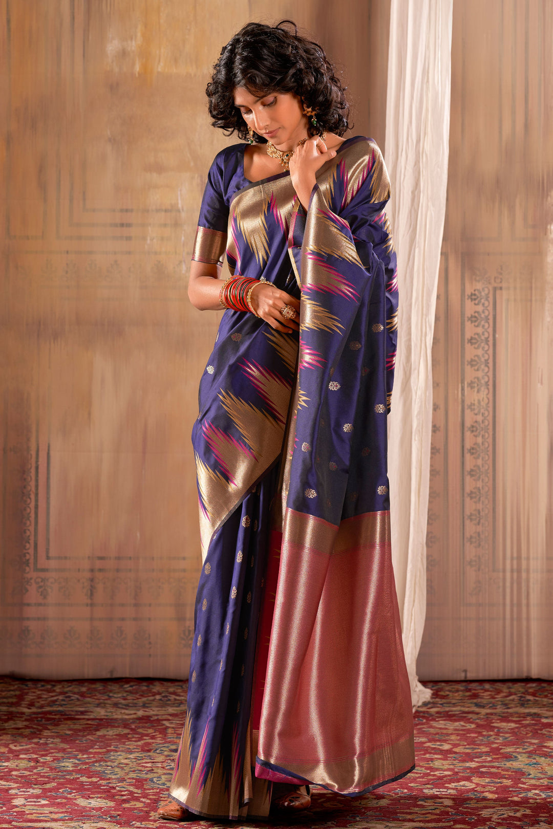 Banarasi Silk Fabric Festival Wear Mesmeric Saree In Navy Blue Color | Buy Online India