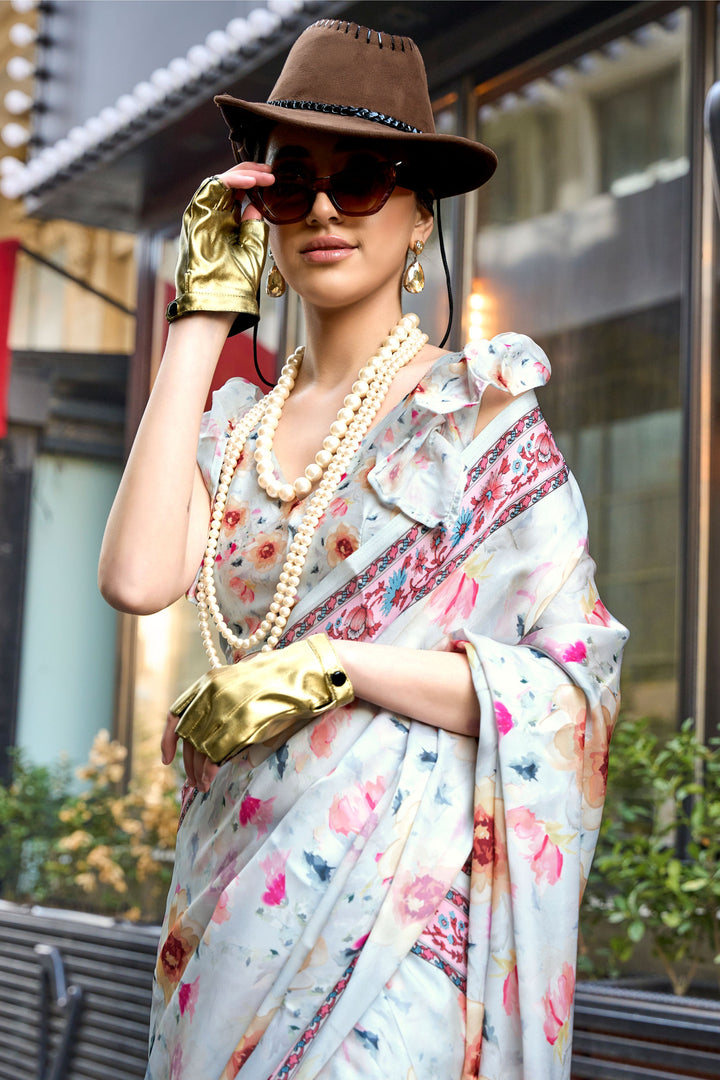 Art Silk Fabric Light Cyan Color Riveting Saree With Printed Work | Buy Online India