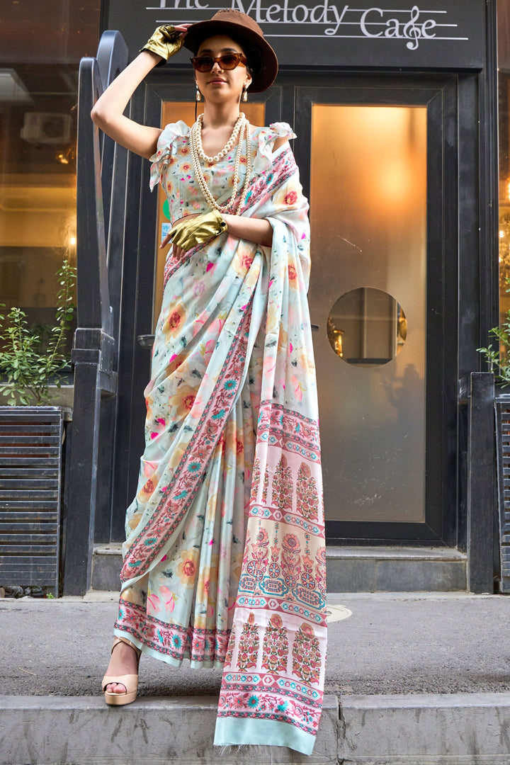 Art Silk Fabric Light Cyan Color Riveting Saree With Printed Work | Buy Online India