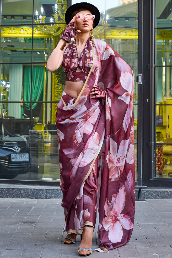 Printed Work On Wine Color Art Silk Fabric Princely Saree | Buy Online India