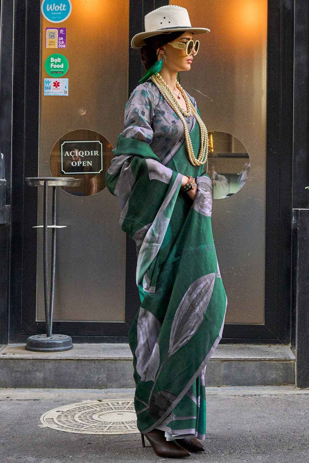 Creative Printed Work On Green Color Art Silk Fabric Saree | Buy Online India