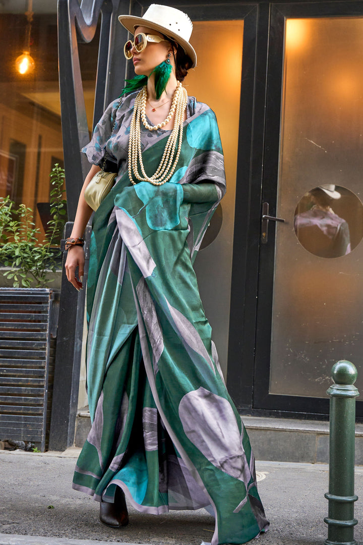 Creative Printed Work On Green Color Art Silk Fabric Saree | Buy Online India