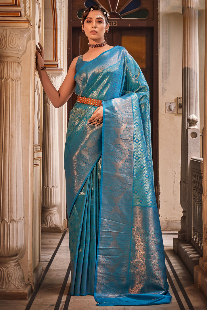 Soothing Weaving Work On Cyan Color Art Silk Fabric Saree | Buy Online India