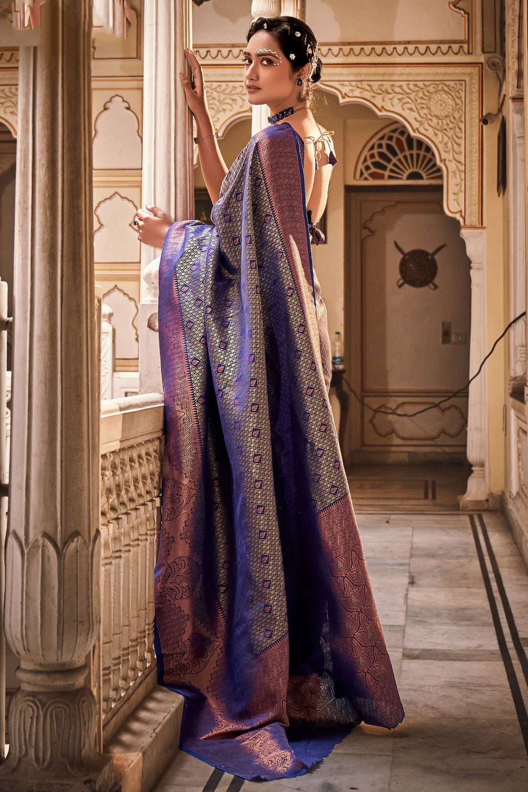 Weaving Work On Art Silk Fabric Navy Blue Color Gorgeous Saree | Buy Online India