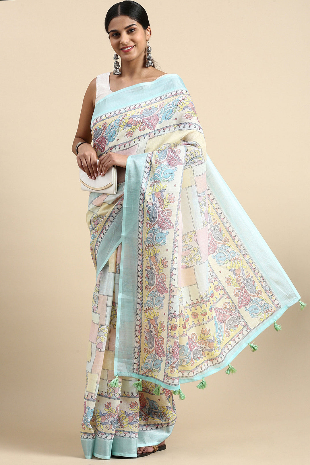 Multi Color Casual Wear Pleasant Printed Linen Saree | Buy Online India