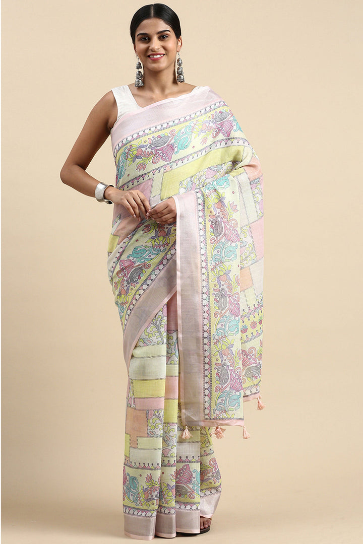 Casual Wear Imposing Printed Linen Saree In Multi Color | Buy Online India