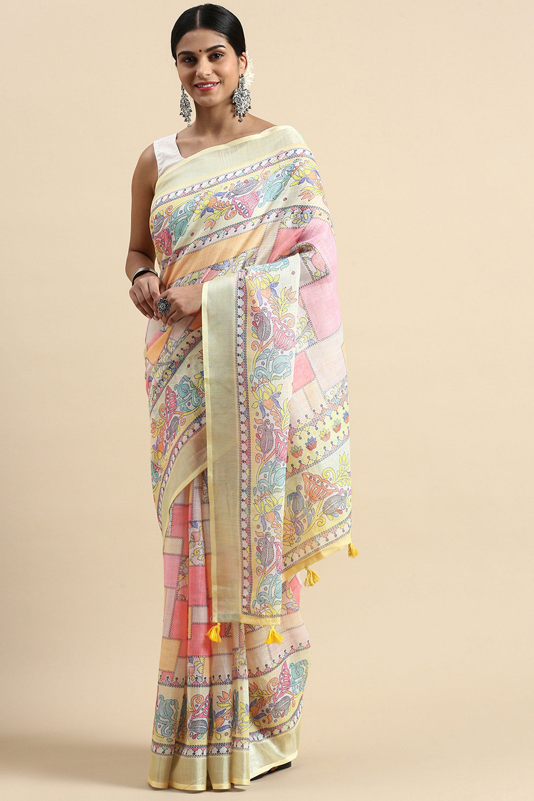 Casual Wear Soothing Printed Linen Saree In Multi Color | Buy Online India