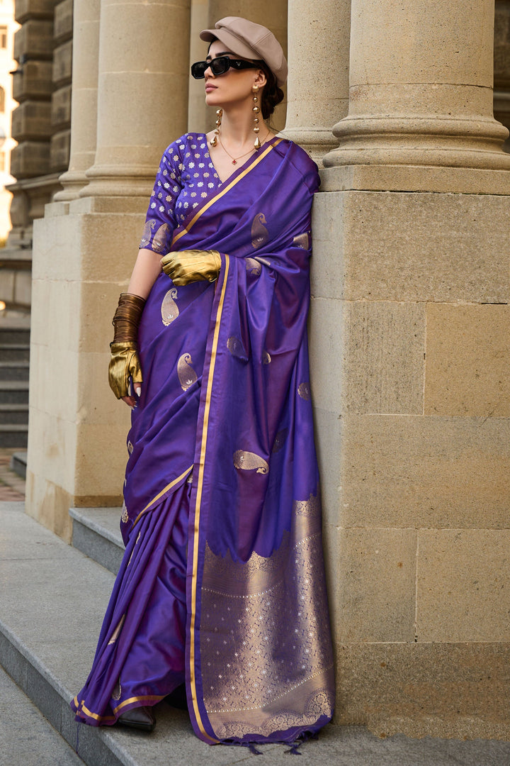 Elegant Function Wear Satin Fabric Weaving Work Saree In Purple Color | Buy Online India