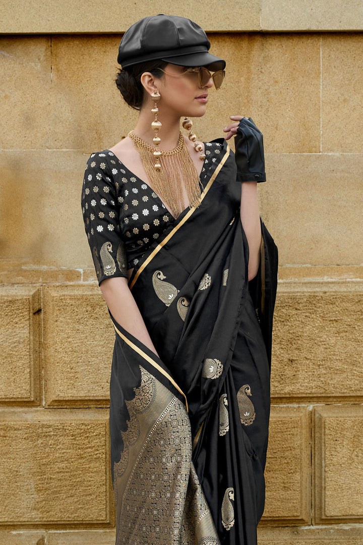 Traditional Black Color Satin Fabric Saree For Function | Buy Online India
