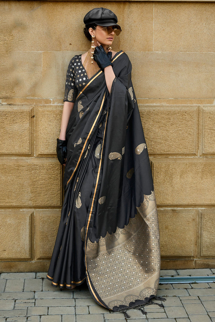 Traditional Black Color Satin Fabric Saree For Function | Buy Online India