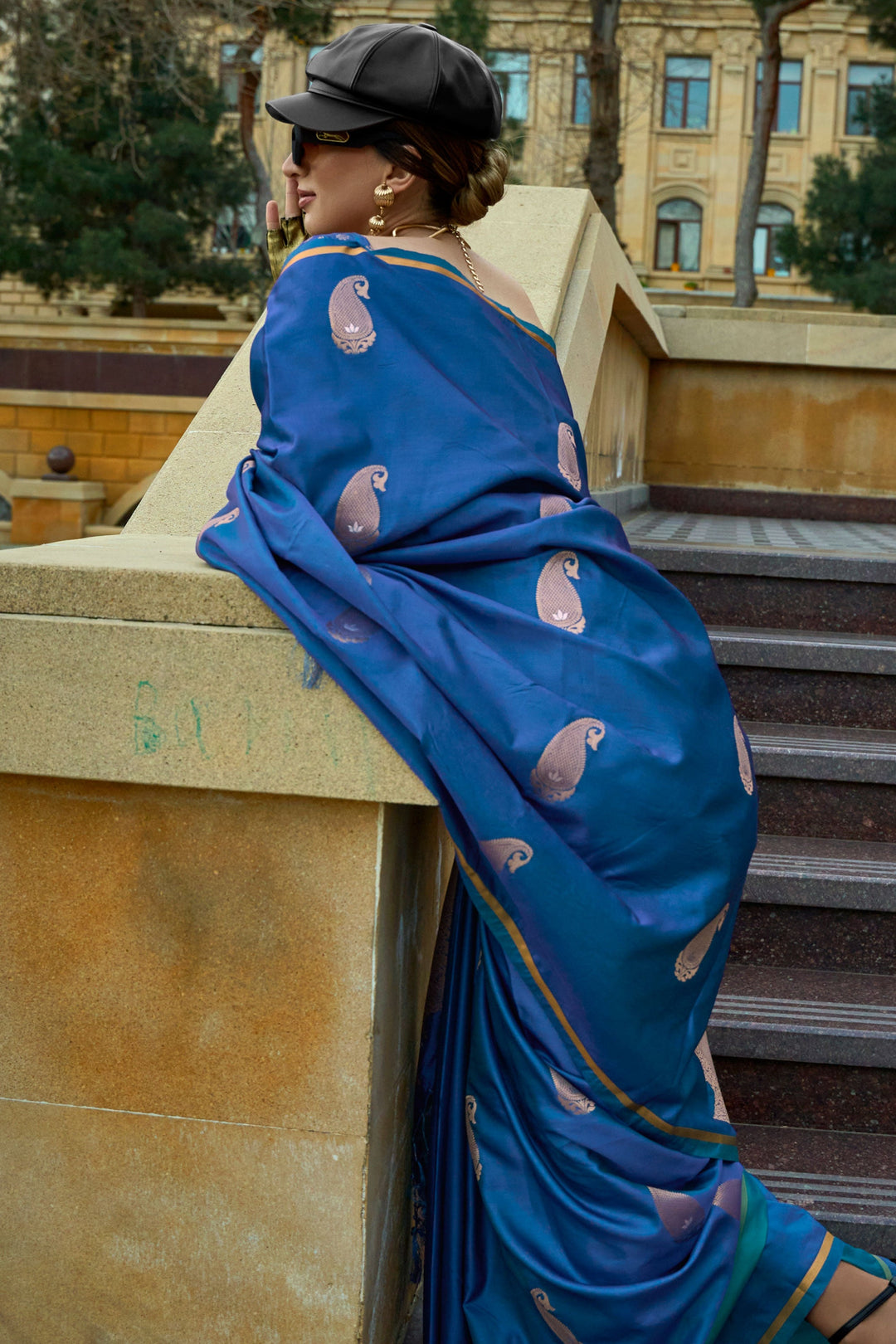 Function Style Satin Fabric Weaving Work Blue Color Saree | Buy Online India