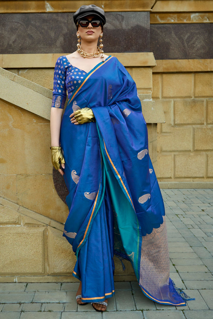 Function Style Satin Fabric Weaving Work Blue Color Saree | Buy Online India
