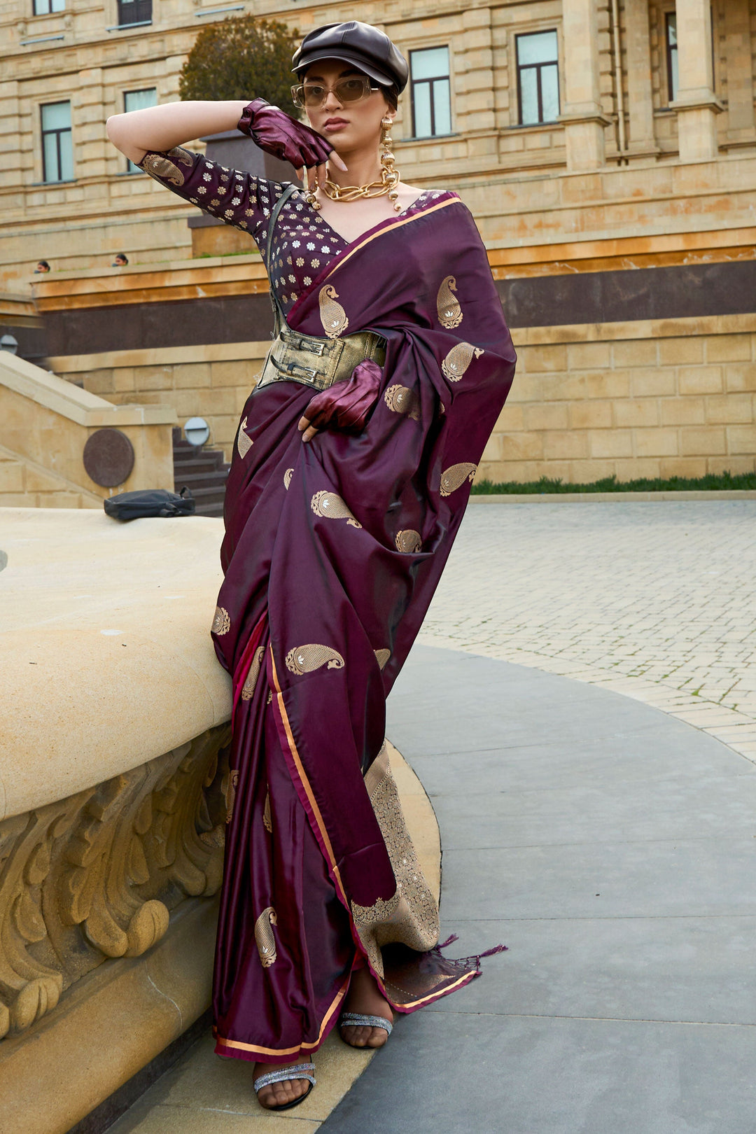 Stylish Weaving Work Satin Fabric Brown Color Saree For Function | Buy Online India