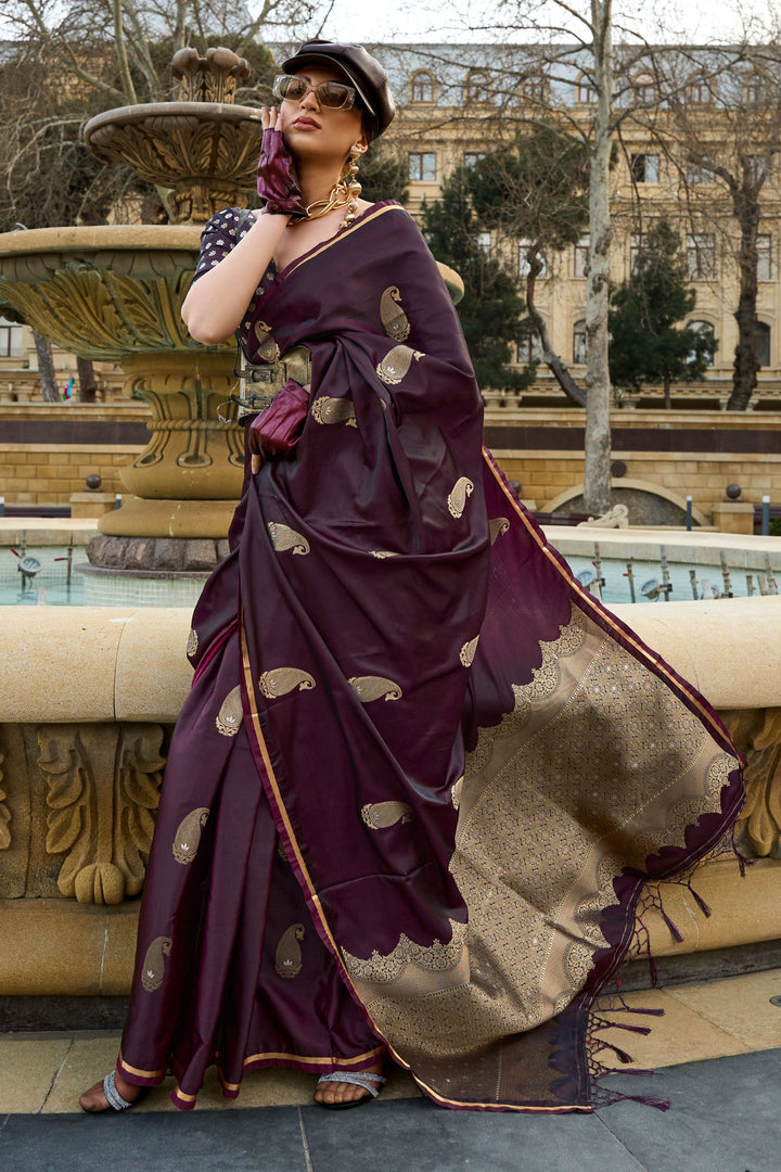 Stylish Weaving Work Satin Fabric Brown Color Saree For Function | Buy Online India