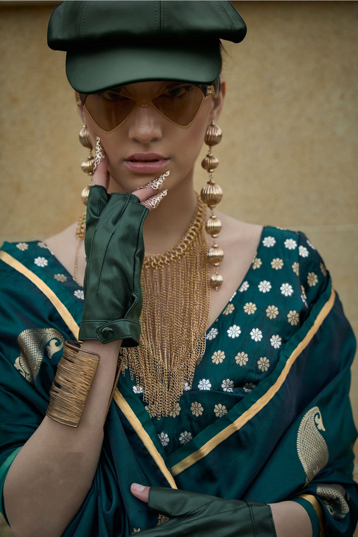 Vibrant Green Color Satin Fabric Weaving Work Saree For Function | Buy Online India
