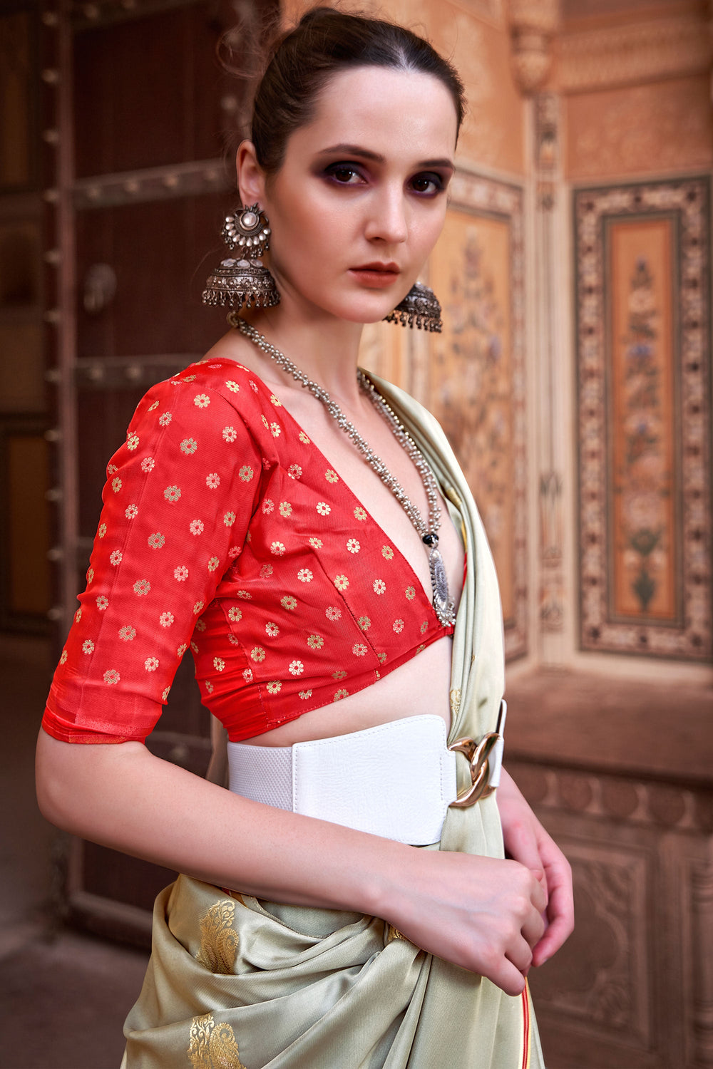 Cream Color Gorgeous Satin Silk Saree With Weaving Work | Buy Online India