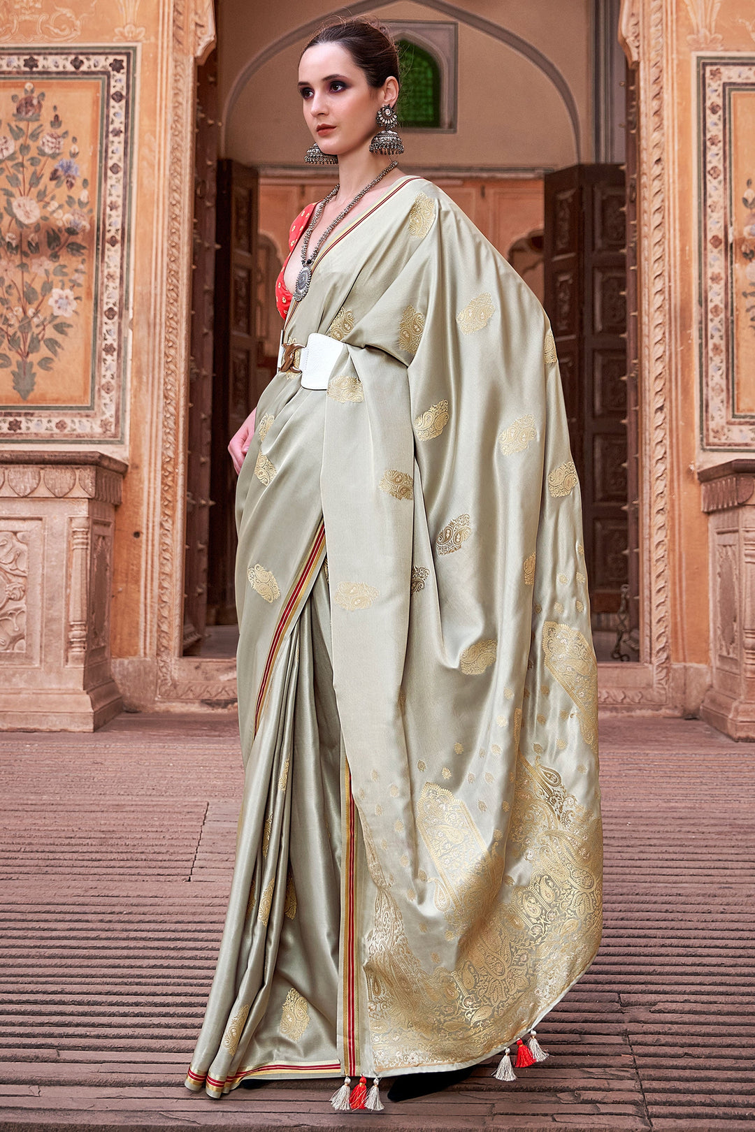 Cream Color Gorgeous Satin Silk Saree With Weaving Work | Buy Online India
