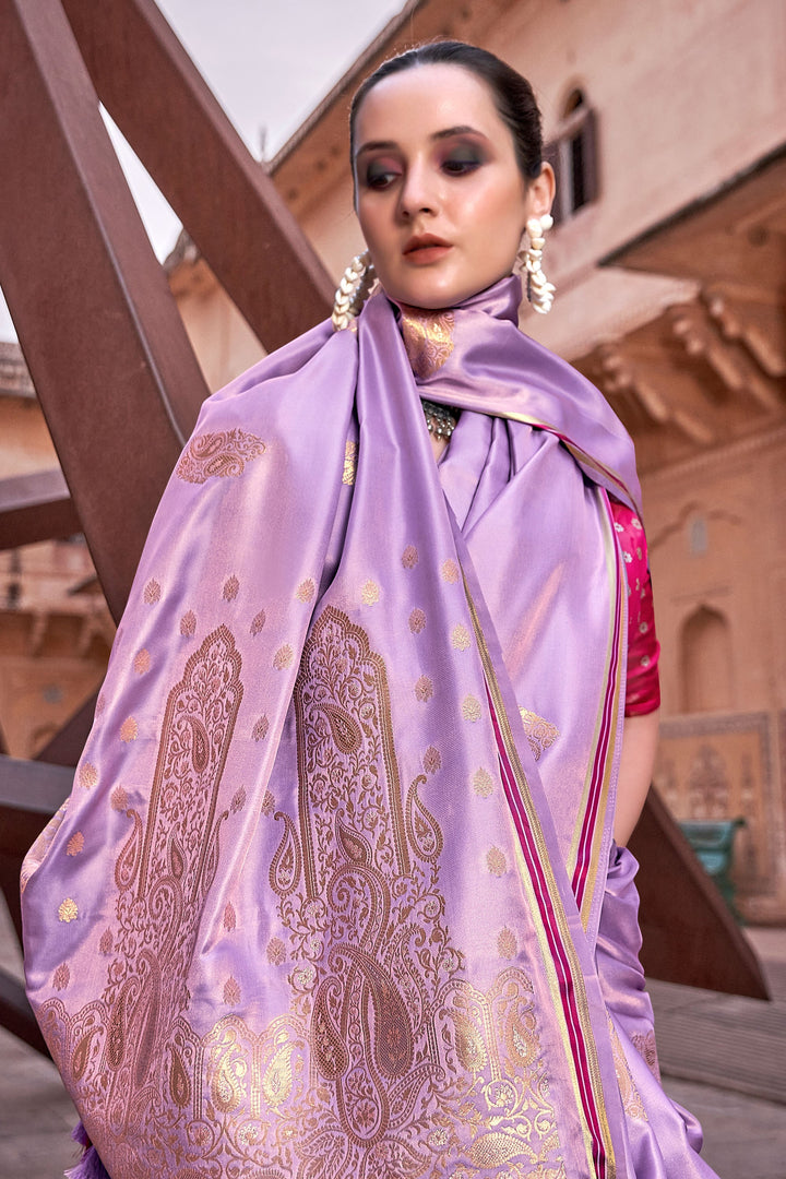 Lavender Color Weaving Work Pleasant Satin Silk Saree | Buy Online India