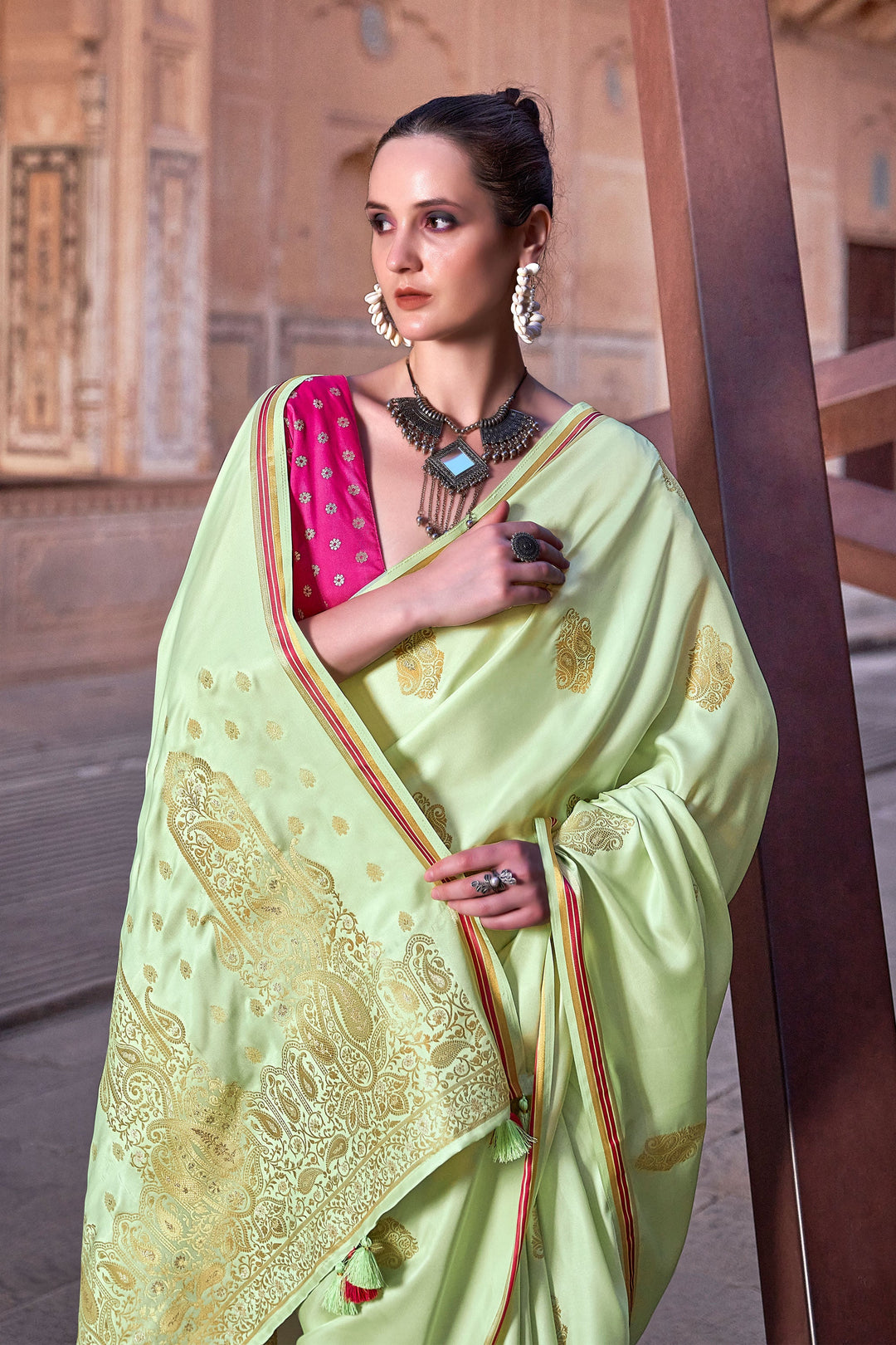 Weaving Work Imposing Satin Silk Saree In Green Color | Buy Online India