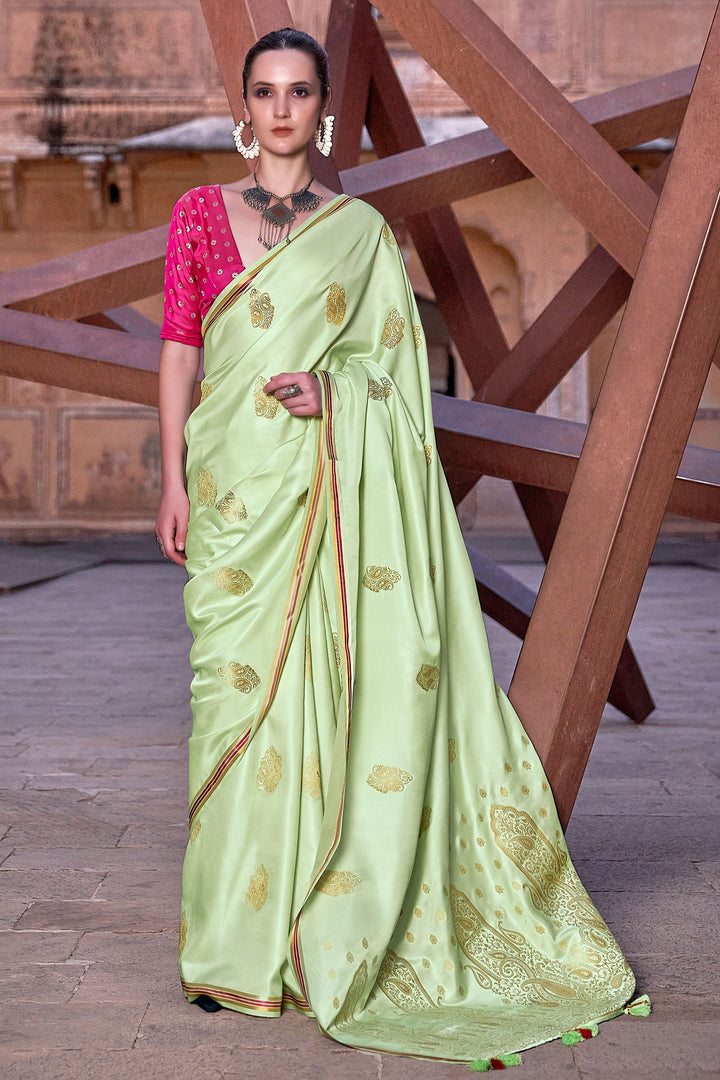 Weaving Work Imposing Satin Silk Saree In Green Color | Buy Online India