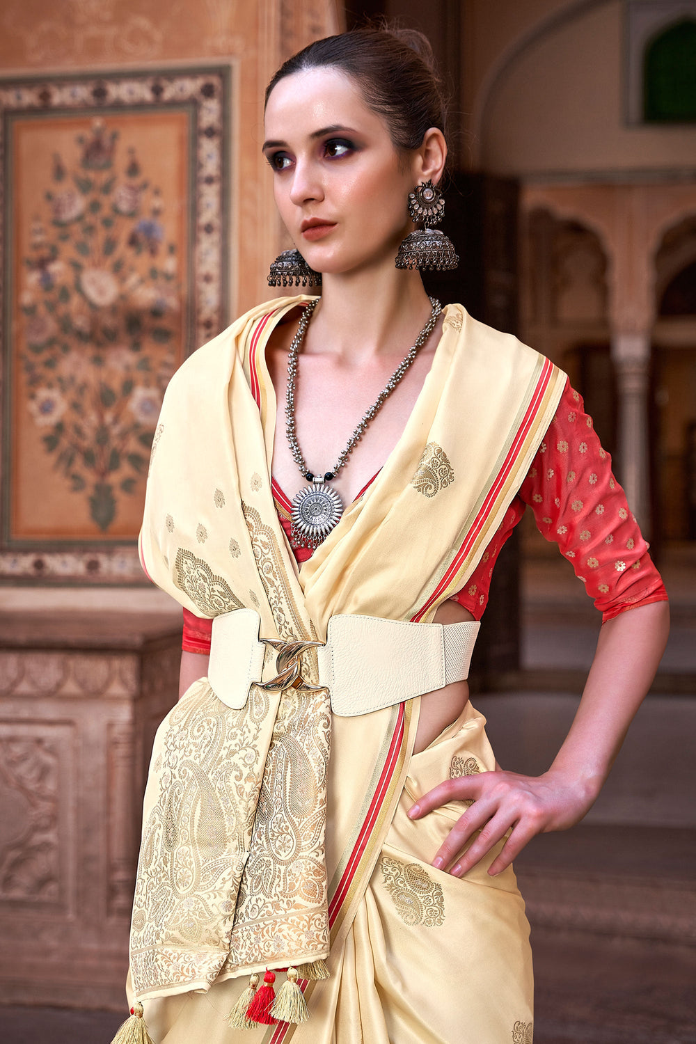 Weaving Work Soothing Satin Silk Saree In Beige Color | Buy Online India