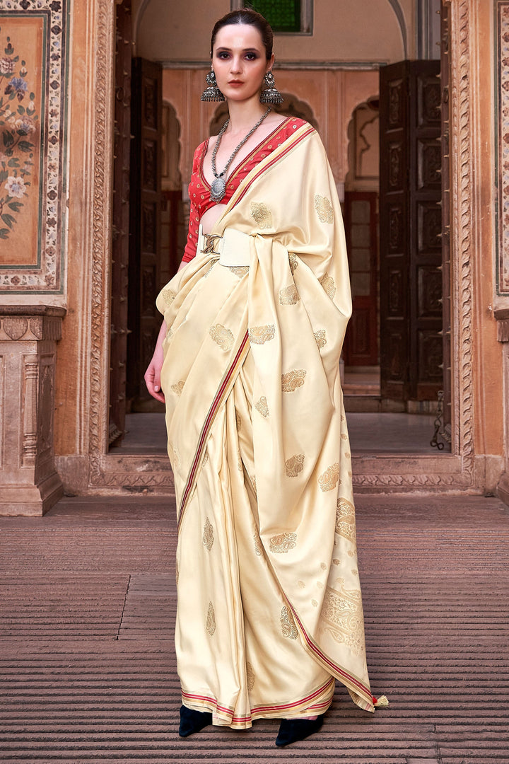 Weaving Work Soothing Satin Silk Saree In Beige Color | Buy Online India