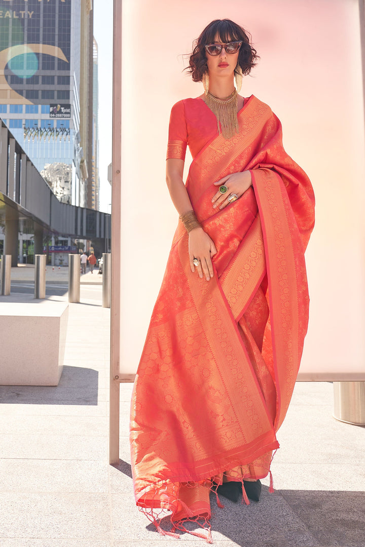 Fabulous Orange Color Handloom Weaving Saree | Buy Online India