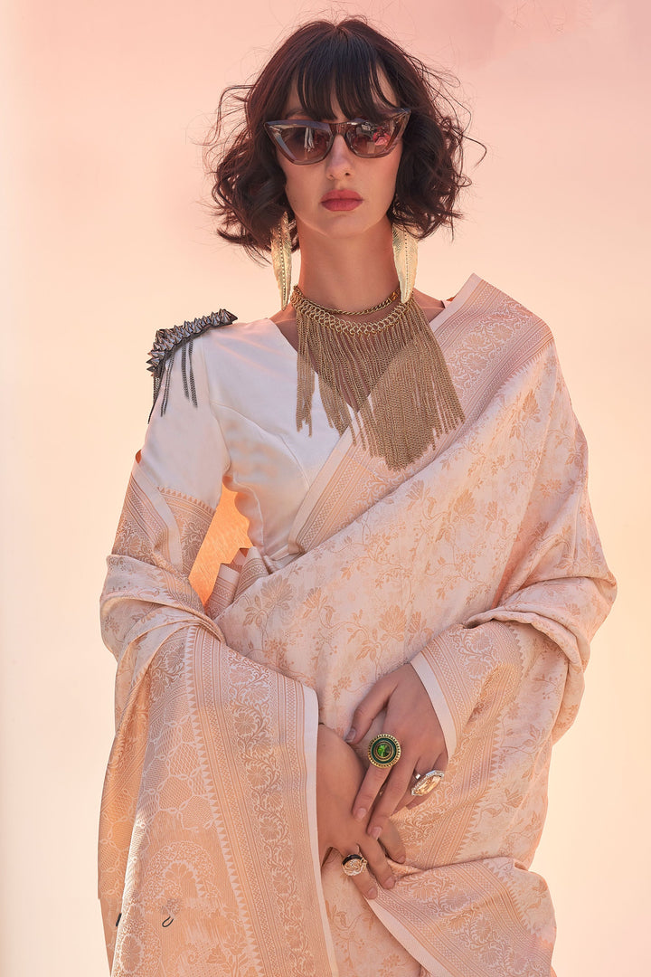 Captivating Cream Color Handloom Weaving Saree | Buy Online India