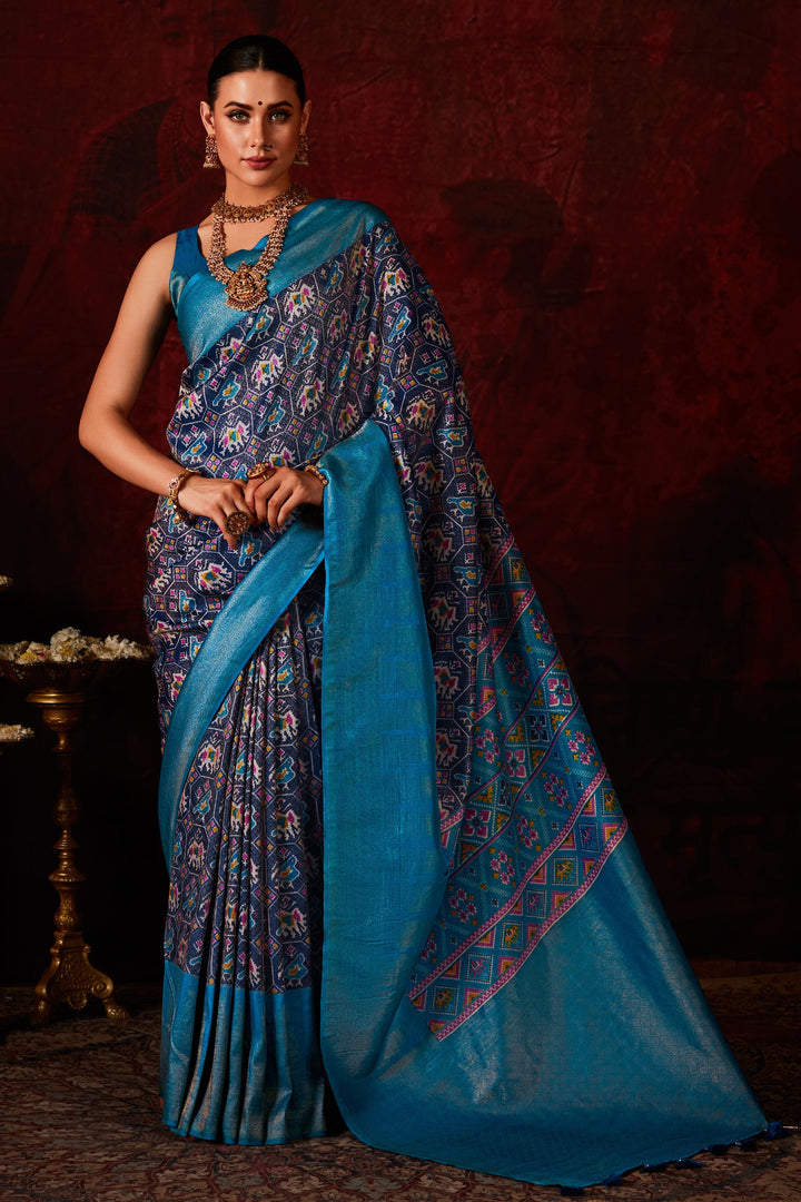Soothing Patola Style Printed Silk Saree In Navy Blue Color | Buy Online India