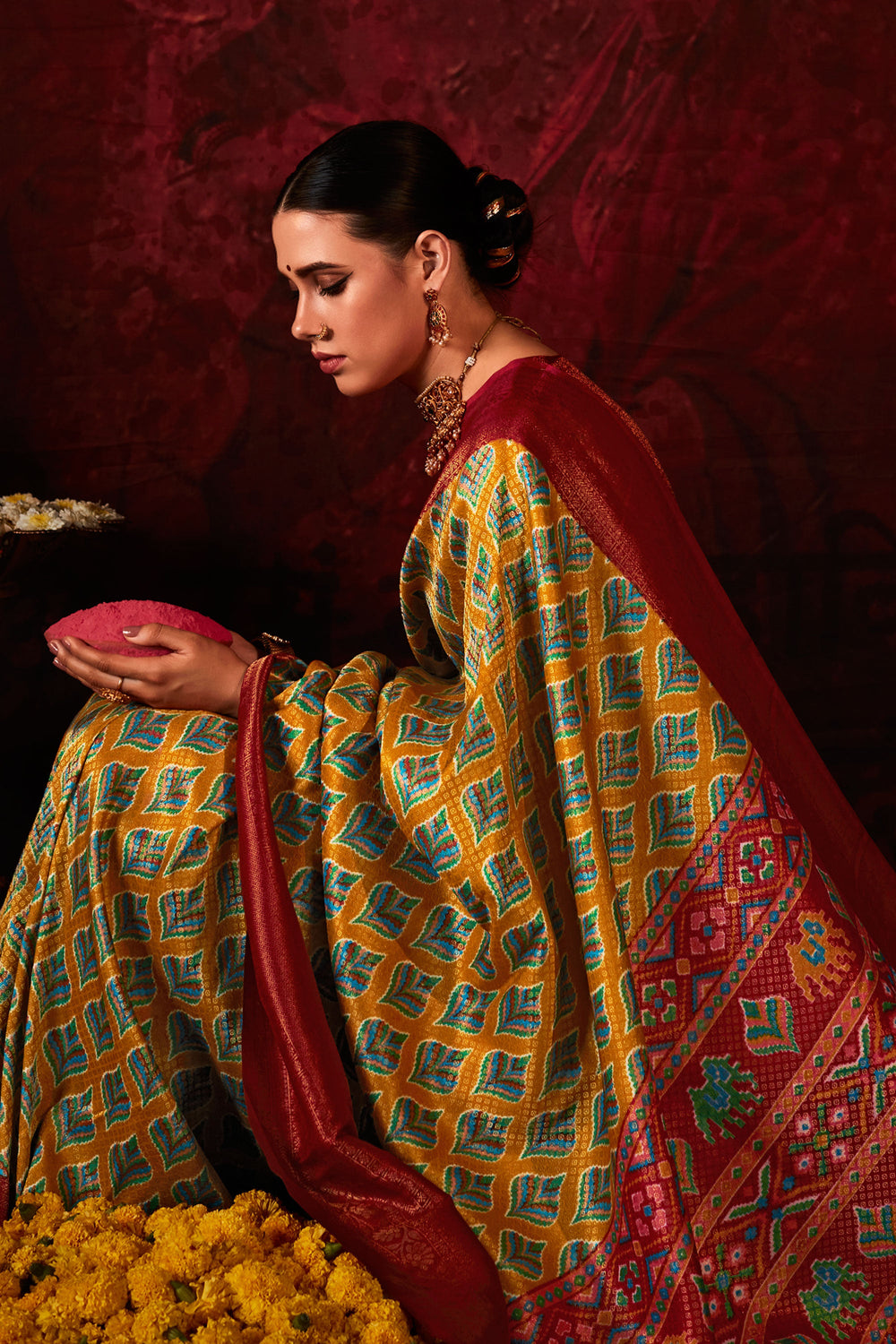 Mustard Color Glorious Patola Style Printed Silk Saree | Buy Online India
