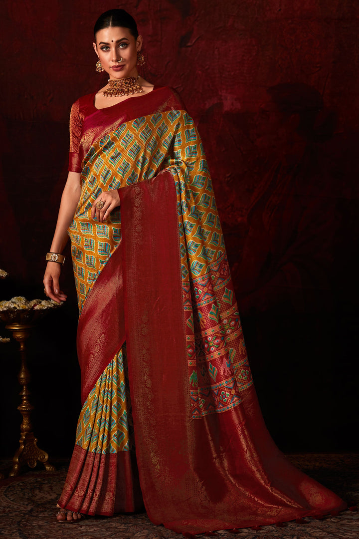Mustard Color Glorious Patola Style Printed Silk Saree | Buy Online India