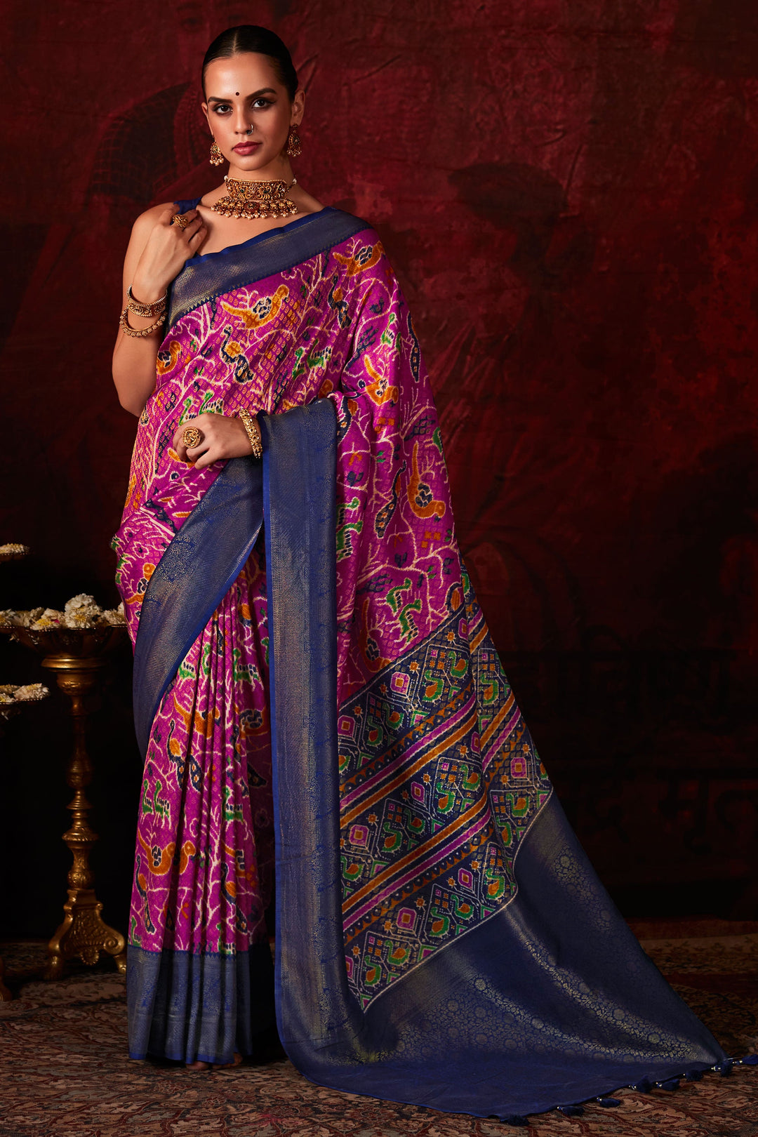 Delicate Rani Color Patola Style Printed Silk Saree | Buy Online India