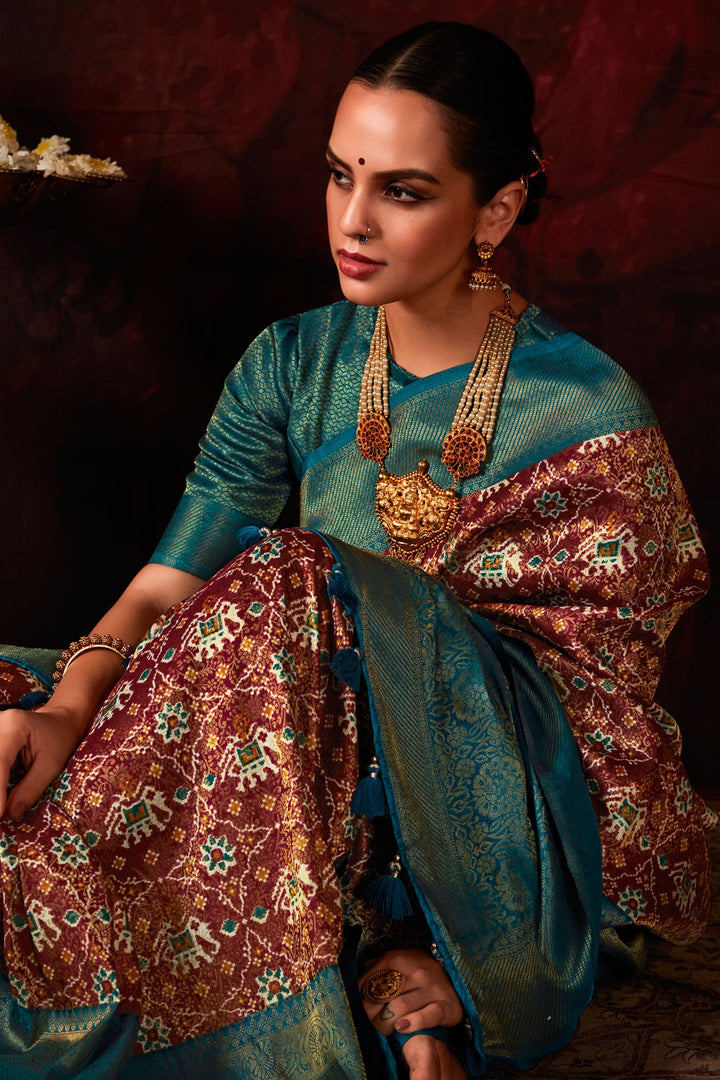 Attractive Patola Style Printed Silk Saree In Brown Color | Buy Online India
