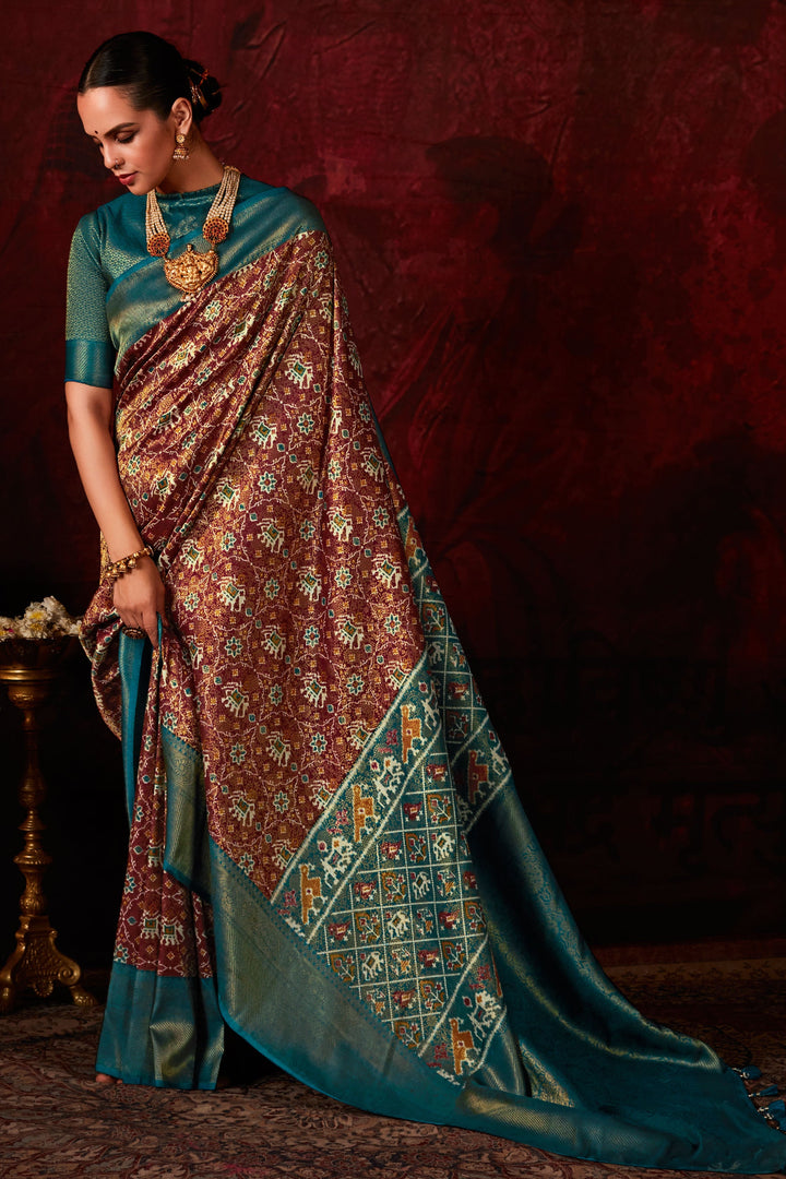Attractive Patola Style Printed Silk Saree In Brown Color | Buy Online India