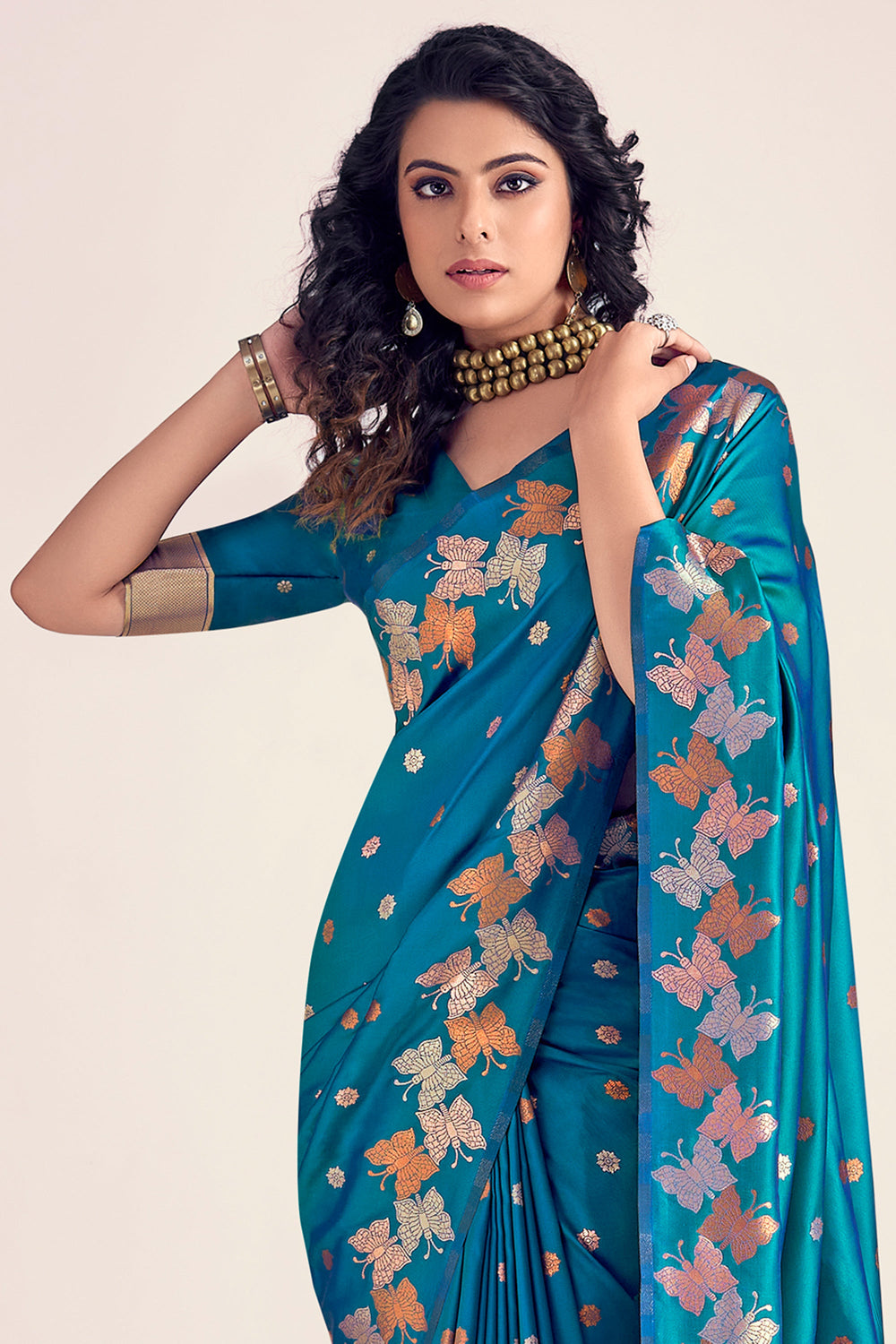 Ingenious Printed Teal Color Banarasi Style Silk Saree | Buy Online India