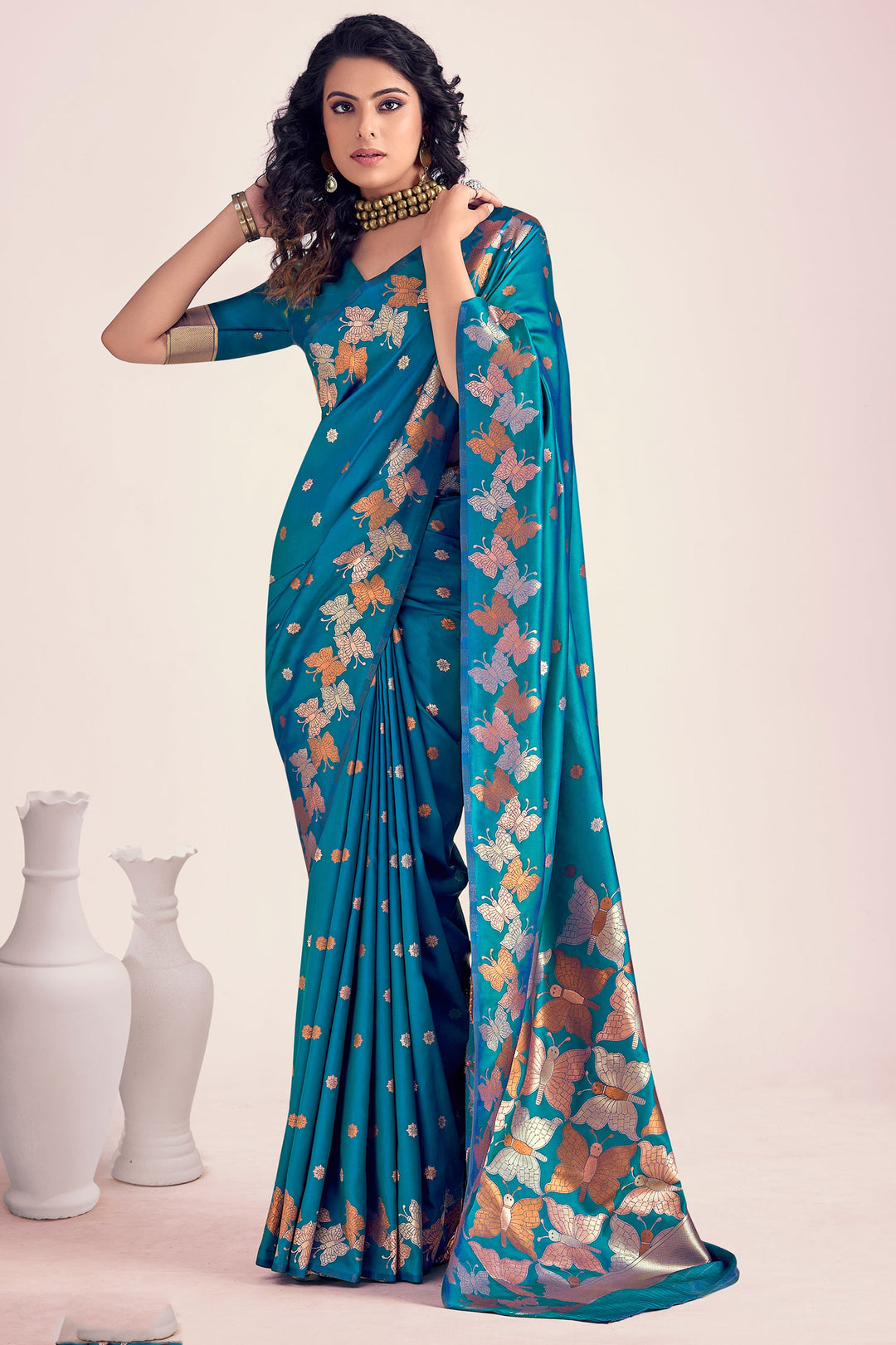 Ingenious Printed Teal Color Banarasi Style Silk Saree | Buy Online India