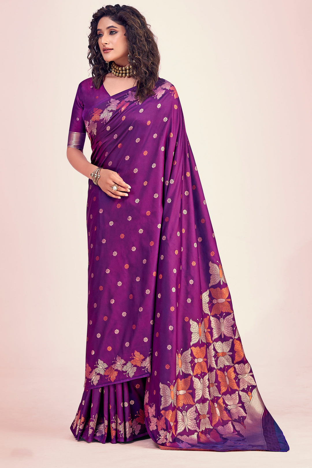 Phenomenal Printed Purple Color Banarasi Style Silk Saree | Buy Online India