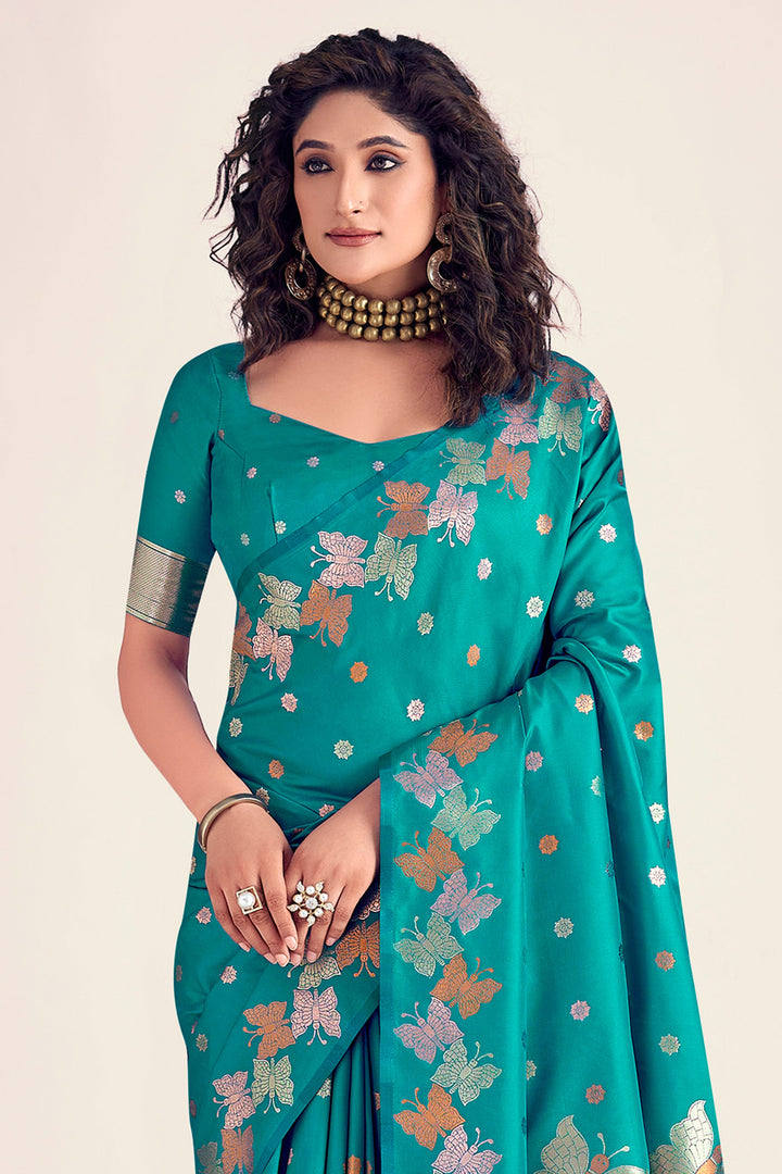Fashionable Sea Green Color Printed Banarasi Style Silk Saree | Buy Online India